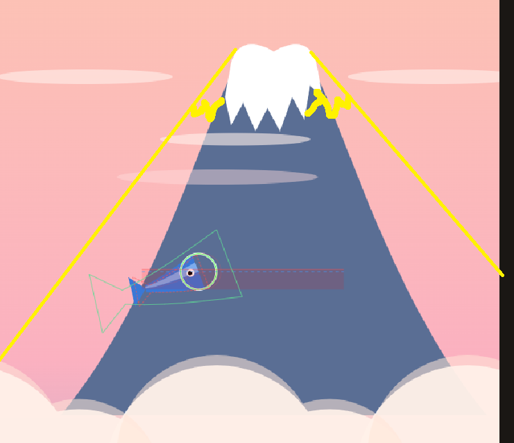 横長化前の富士山描画。 雲海の上に縦長気味のシルエットが見えていて、 山頂は雪冠で覆われている。 黄色いガイドラインで山すそのアスペクト比が示されている。 青の小さな鯉と当たり判定リングも画面中央にある